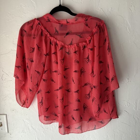 Color of Love Blouse Womens Medium‎ Red Sheer Giraffe Print Boho Peasant Top Tie - Picture 9 of 9